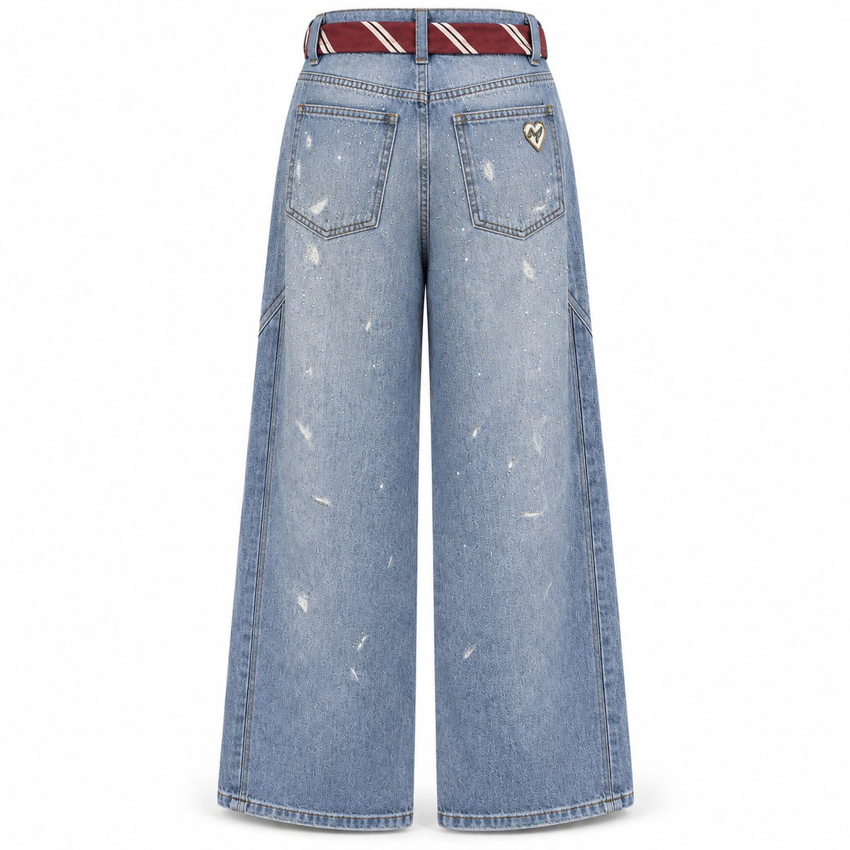Blugi wide leg cu curea decorata cu pietre si perle