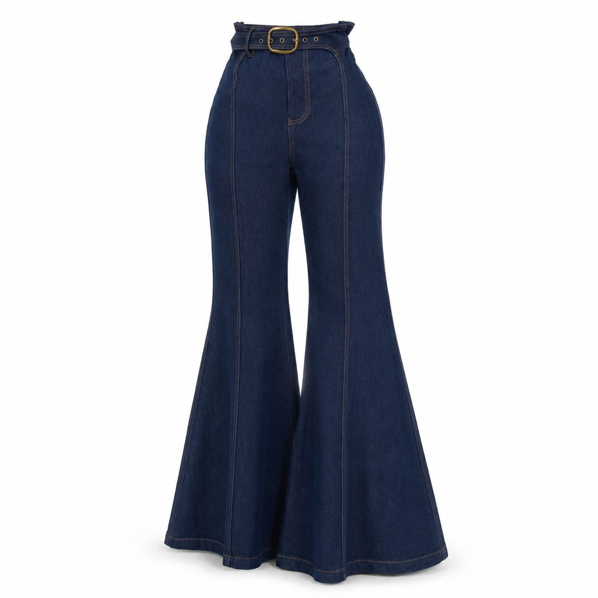 Blugi evazati din denim cu curea si catarama aurie