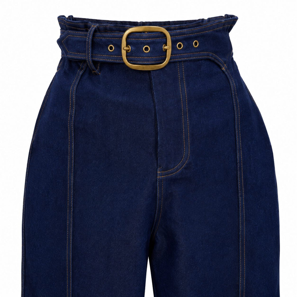 Blugi evazati din denim cu curea si catarama aurie