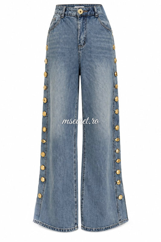 Blugi wide leg cu nasturi aurii pe lateral