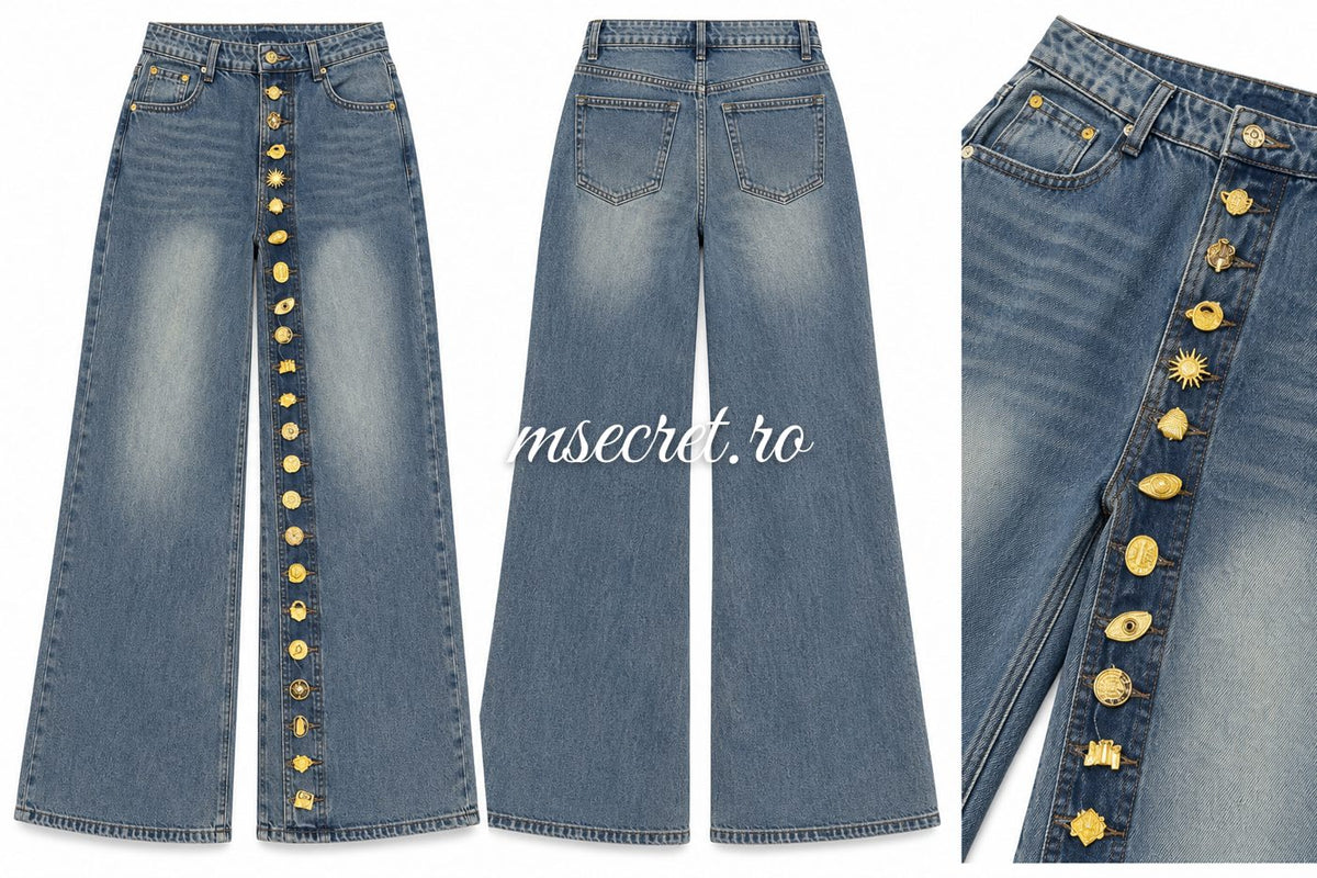 Blugi wide leg cu nasturi aurii - detaliu