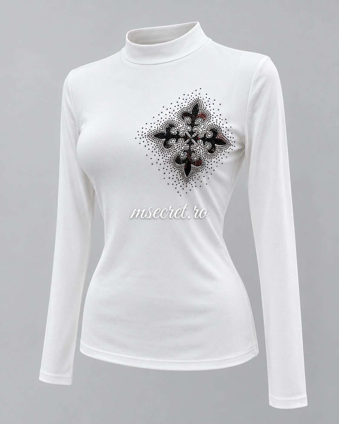 Bluza alba din bumbac elastic cu model din pietre - vedere din fata