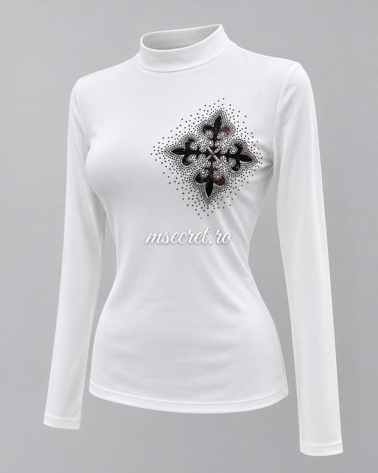 Bluza alba din bumbac elastic cu model din pietre - vedere din fata