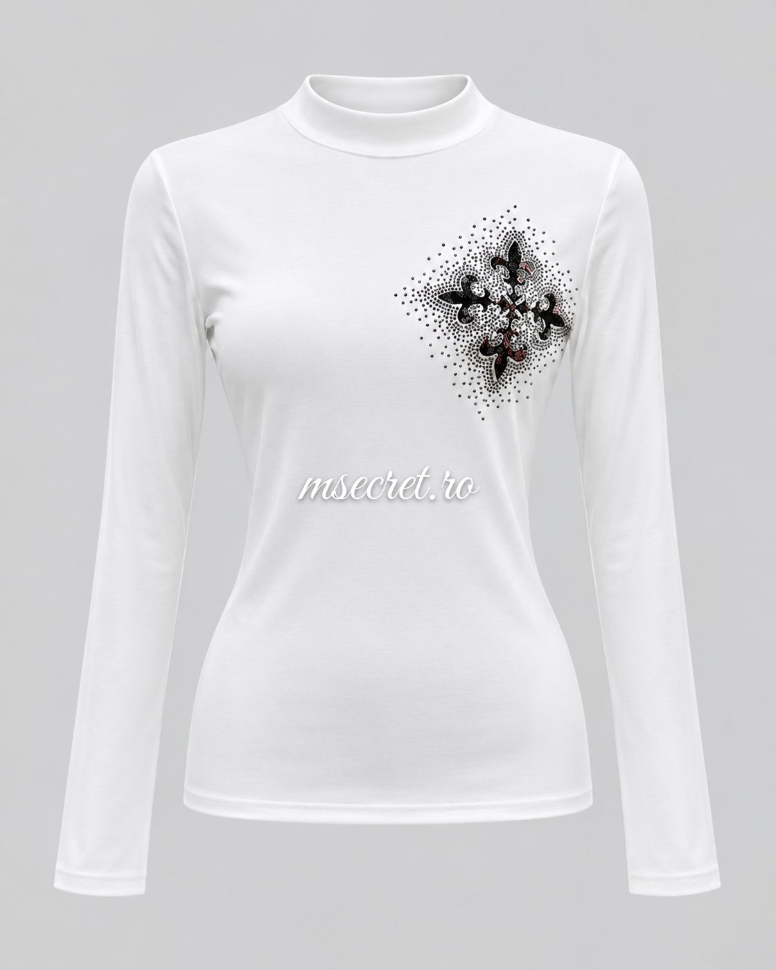 Bluza alba din bumbac elastic cu model din pietre - vedere din fata 2