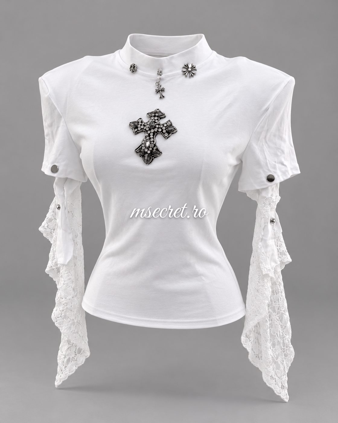 Bluza alba cu cruce din pietre si maneci detasabile din dantela - vedere din fata