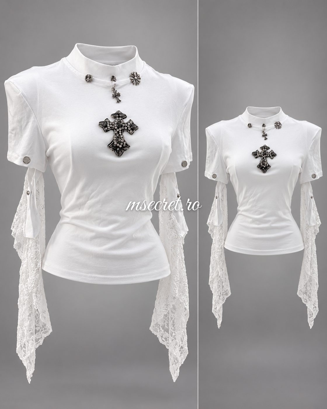 Bluza alba cu cruce din pietre si maneci detasabile din dantela - colaj