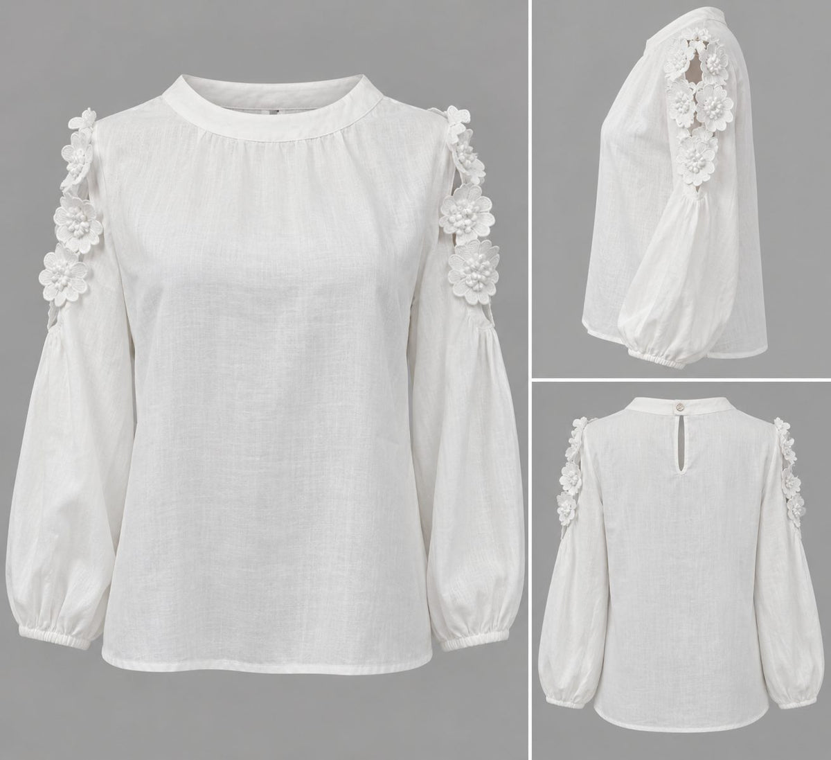 Bluza alba din in cu umeri decupati si flori aplicate
