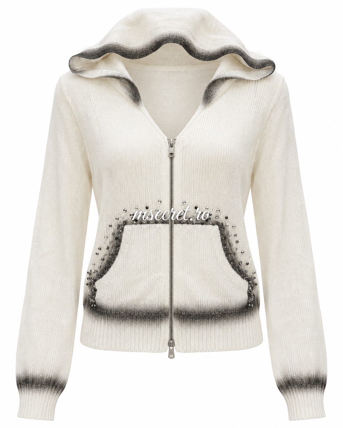 Bluza alba din tricot cu gluga, fermoar si pietre - vedere din fata