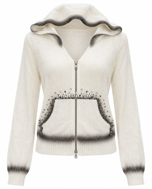 Bluza alba din tricot cu gluga, fermoar si pietre - vedere din fata
