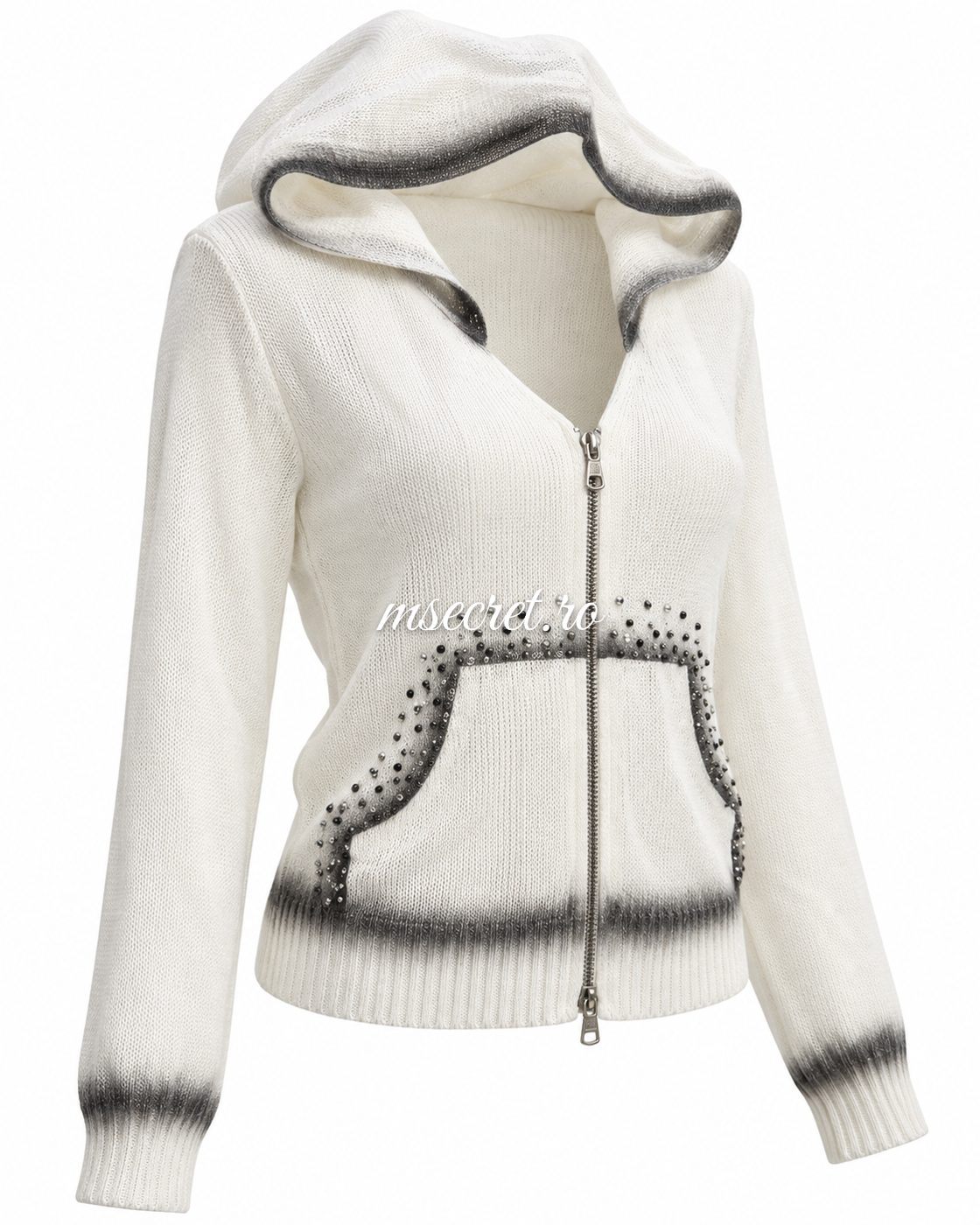 Bluza alba din tricot cu gluga, fermoar si pietre - vedere din lateral