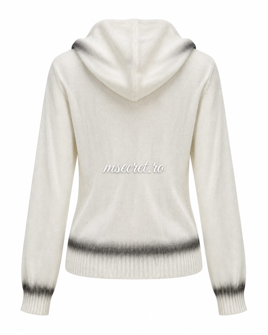 Bluza alba din tricot cu gluga, fermoar si pietre - vedere din spate