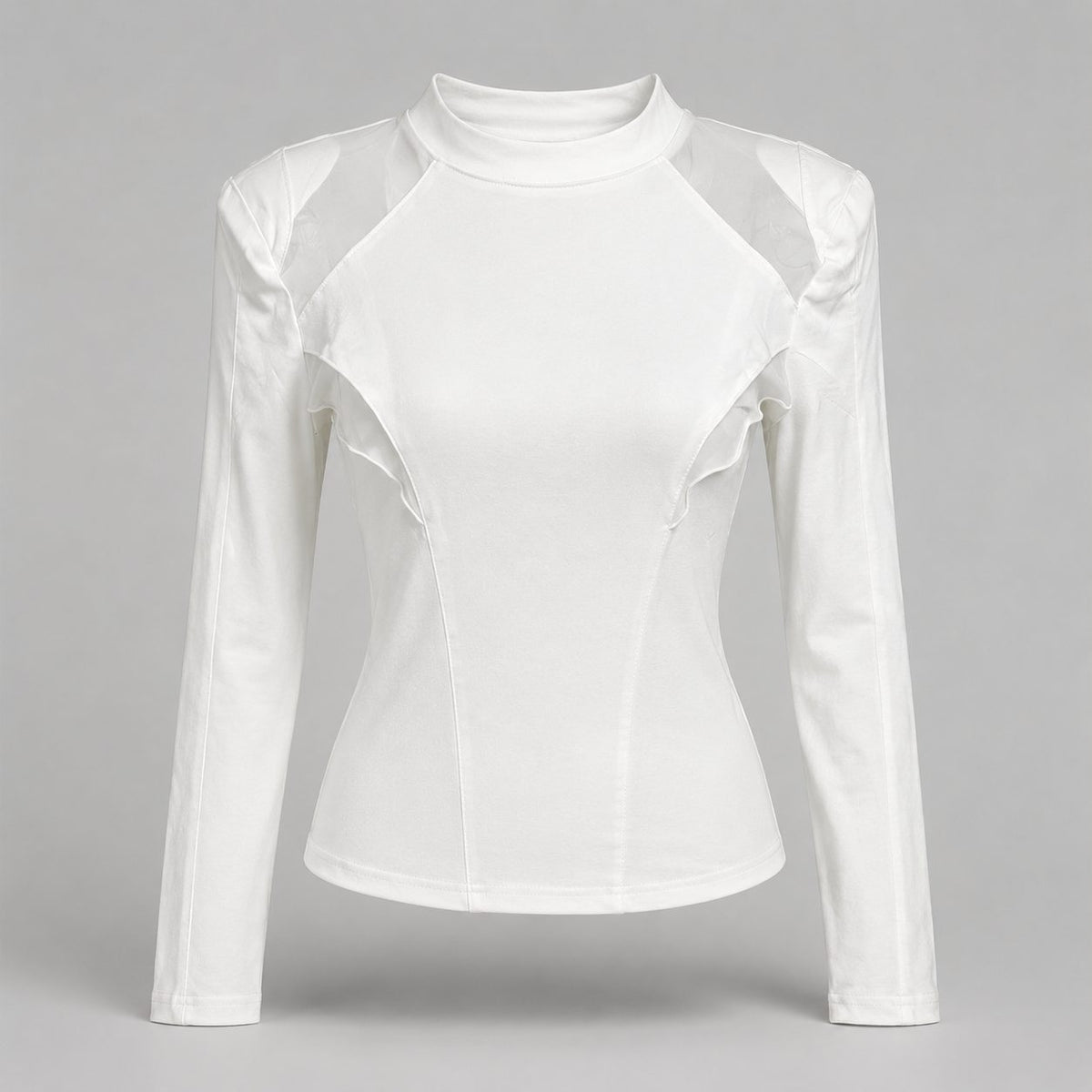 Bluza alba cu guler inalt si insertii din tul