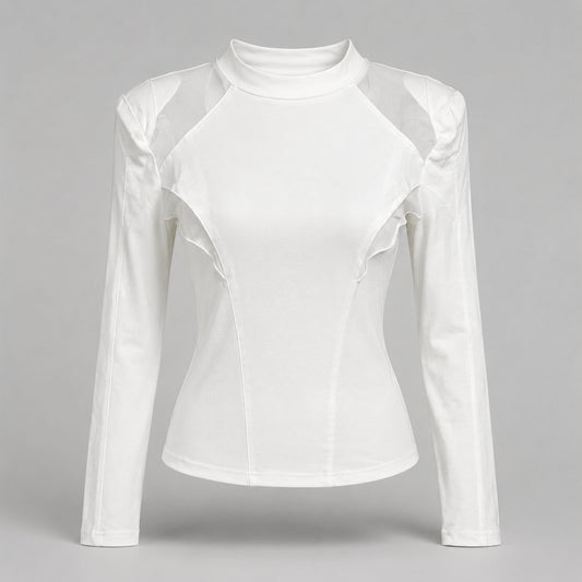 Bluza alba cu guler inalt si insertii din tul