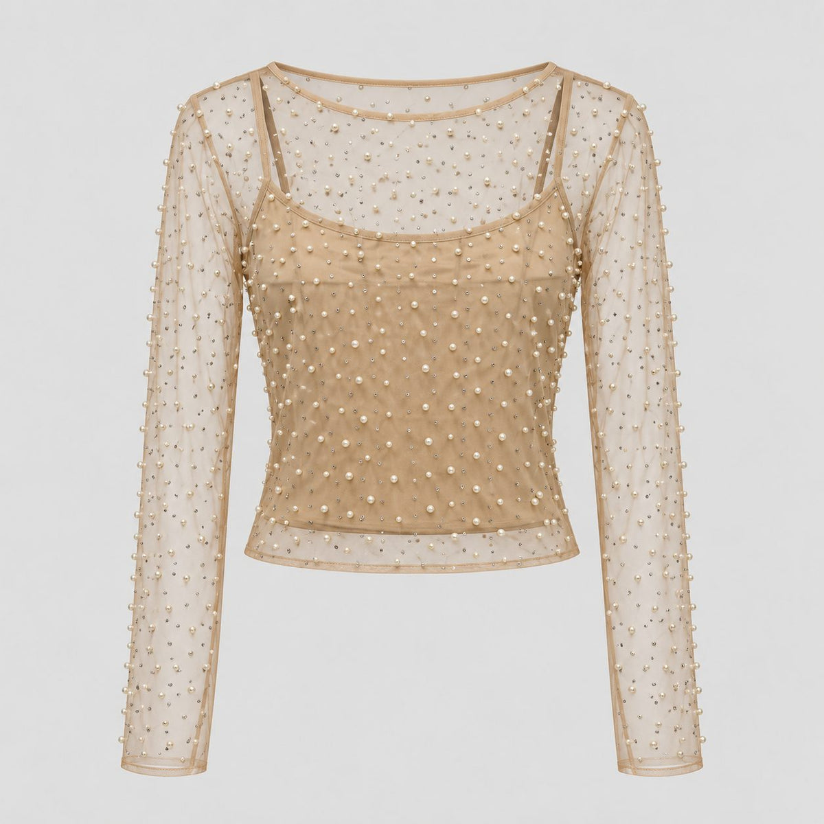 Bluza bej din tul cu perle si maieu inclus
