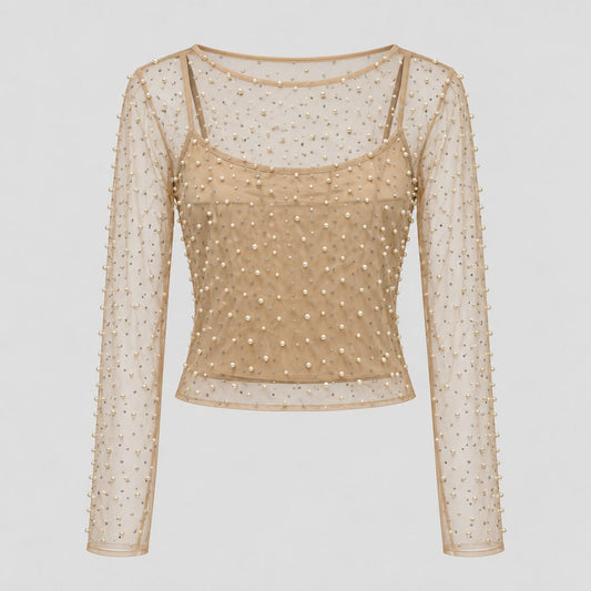 Bluza bej din tul cu perle si maieu inclus