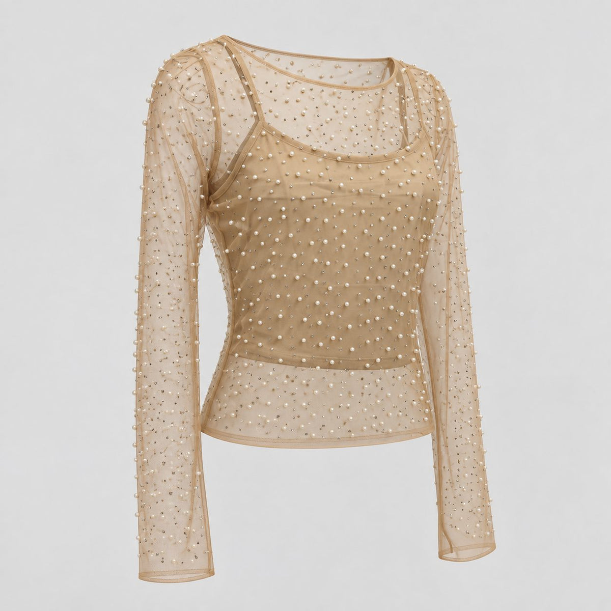 Bluza bej din tul cu perle si maieu inclus