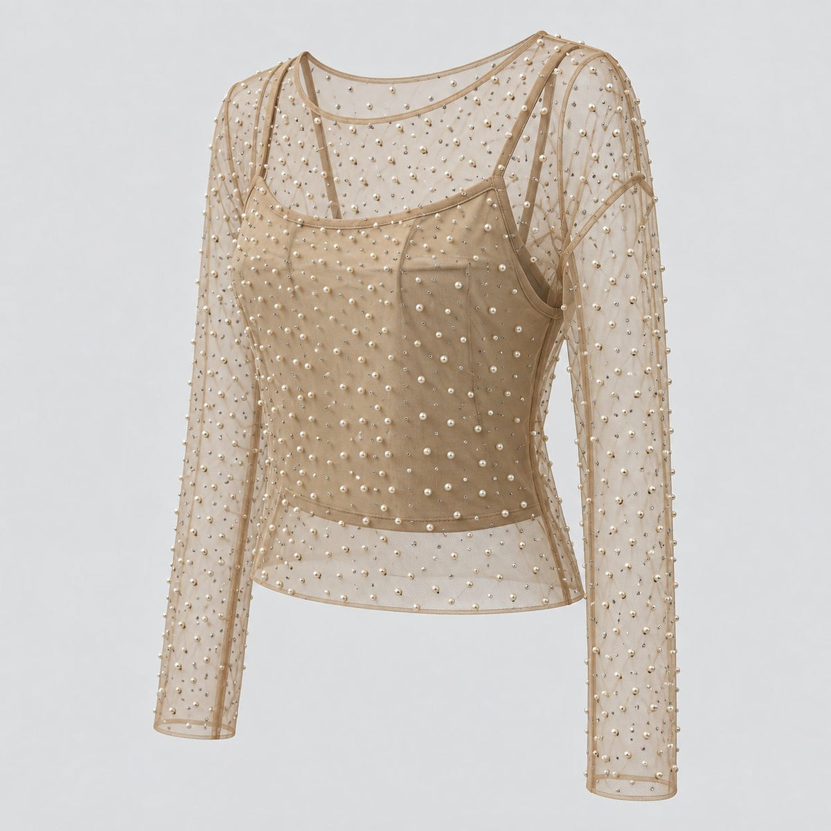 Bluza bej din tul cu perle si maieu inclus