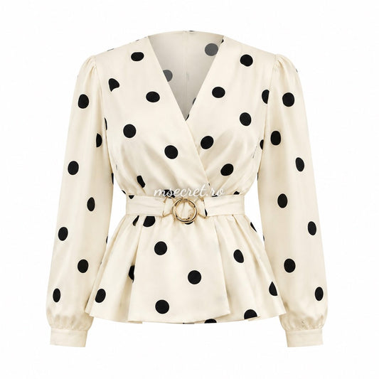 Bluza crem cu buline negre si cordon