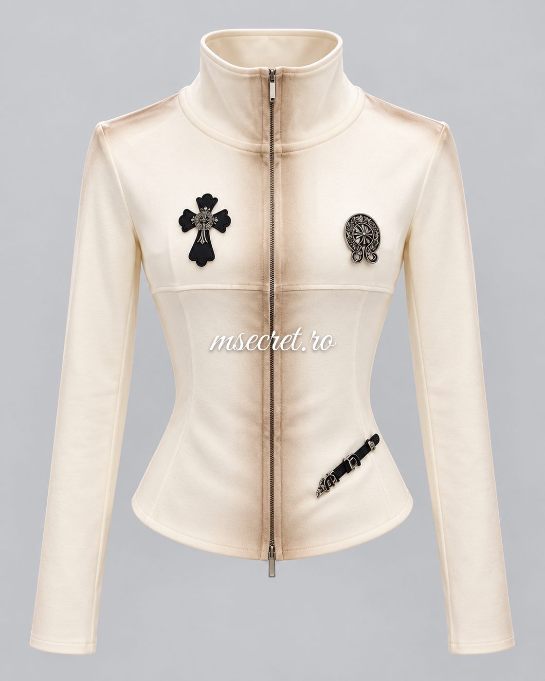 Bluza crem din bumbac elastic cu fermoar si cruce - vedere din fata