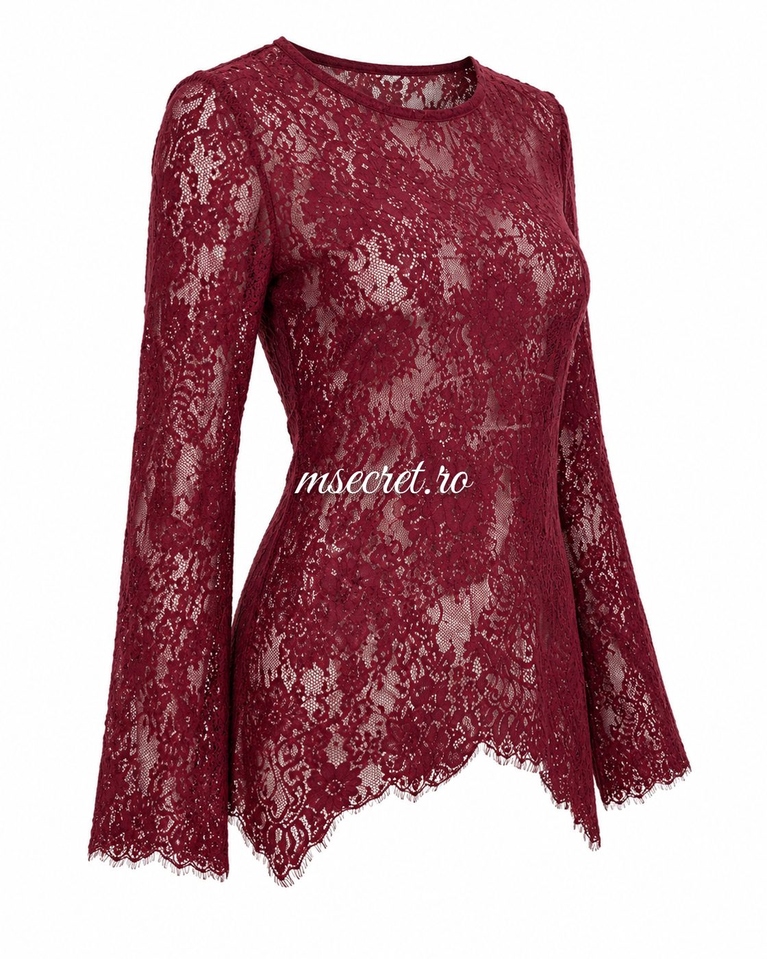 Bluza bordo din dantela cu maneci evazate - vedere din fata
