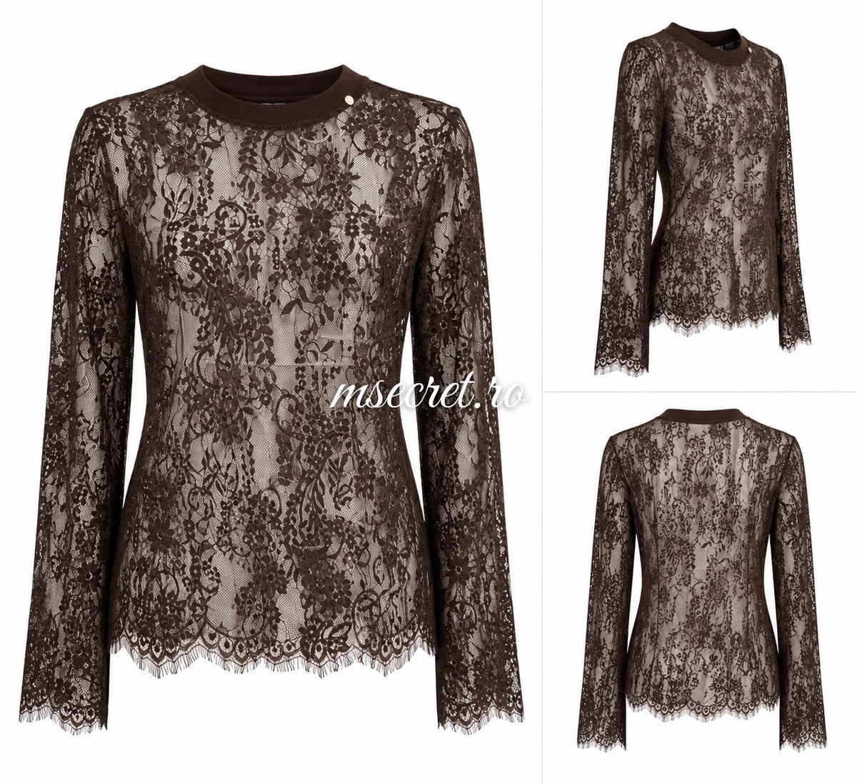 Bluza din dantela maro cu maneci lungi