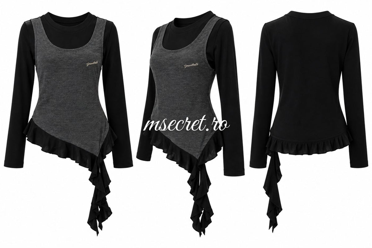Bluza gri cu negru si volan asimetric - detaliu