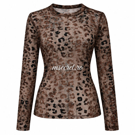 Bluza maro cu imprimeu leopard si maneci lungi