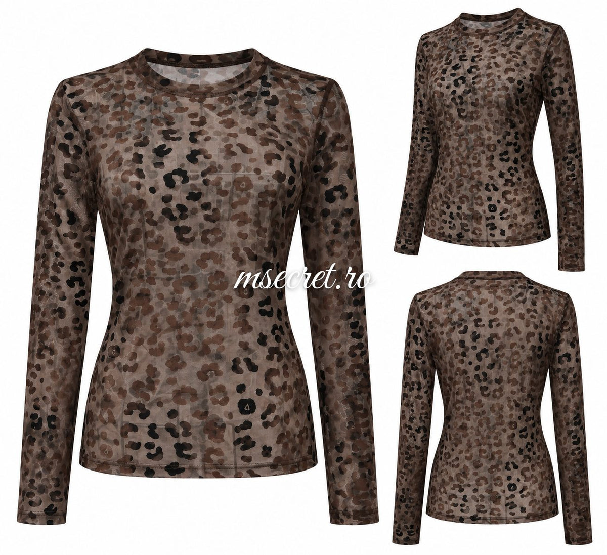 Bluza maro cu imprimeu leopard si maneci lungi