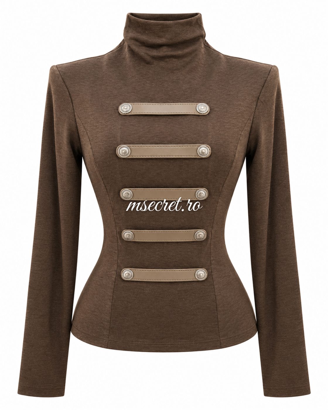 Bluza maro din bumbac elastic cu guler inalt si barete - vedere din fata