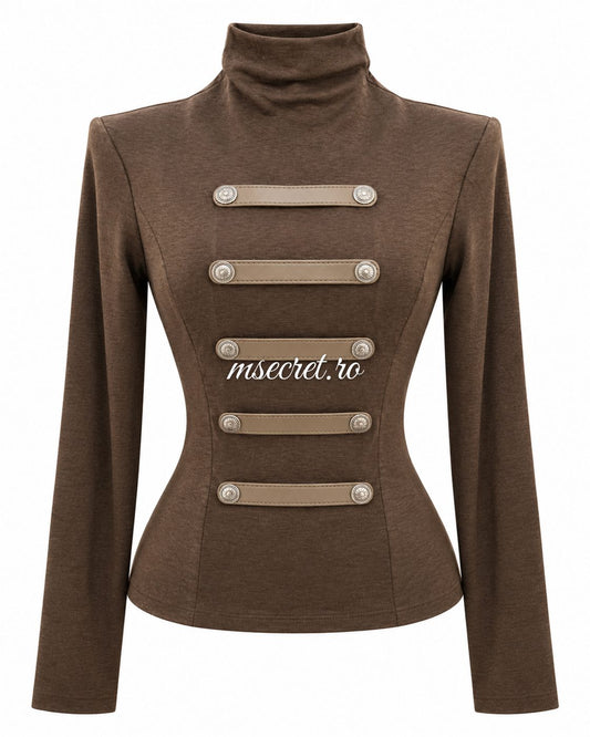Bluza maro din bumbac elastic cu guler inalt si barete - vedere din fata