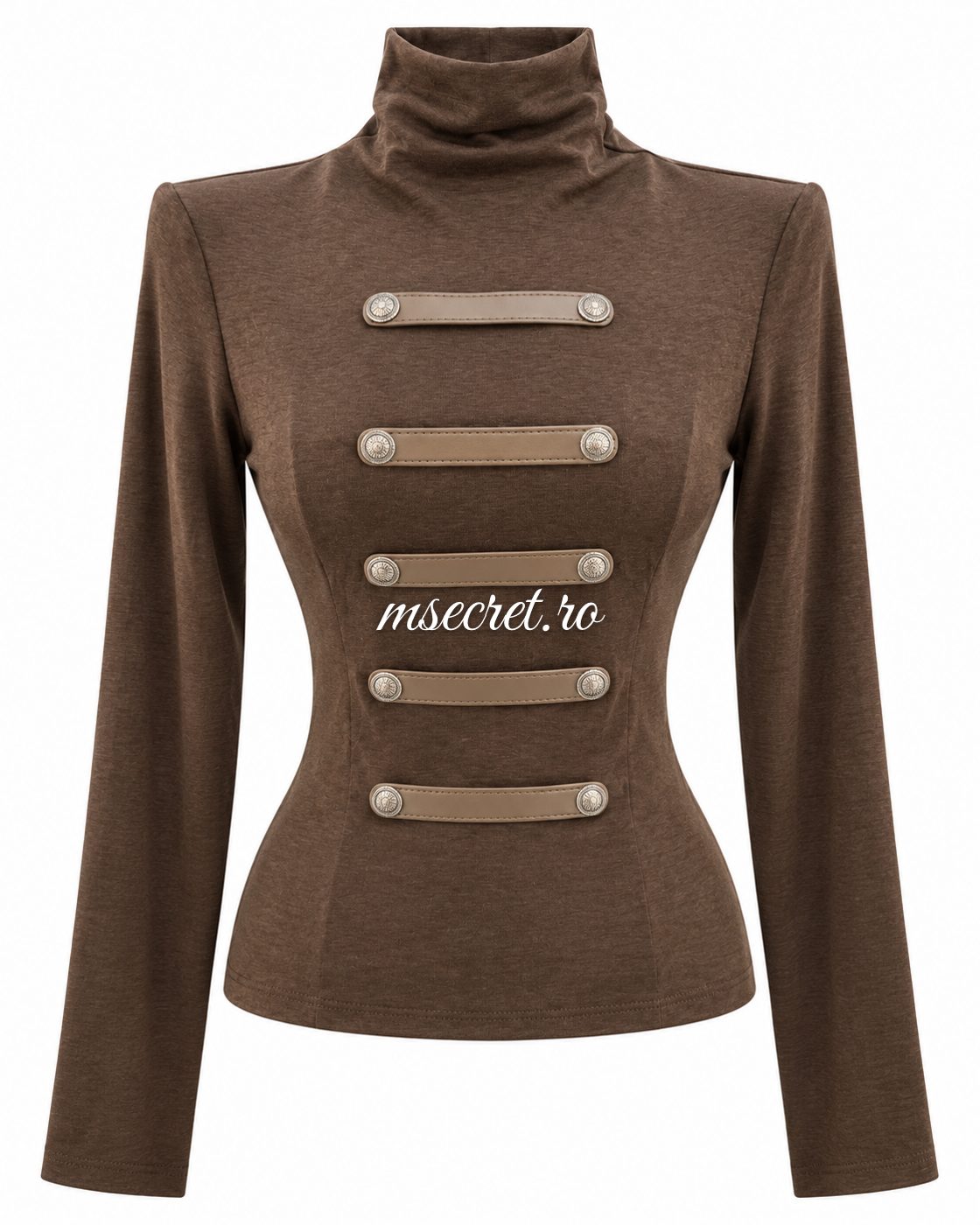 Bluza maro din bumbac elastic cu guler inalt si barete - vedere din fata 2