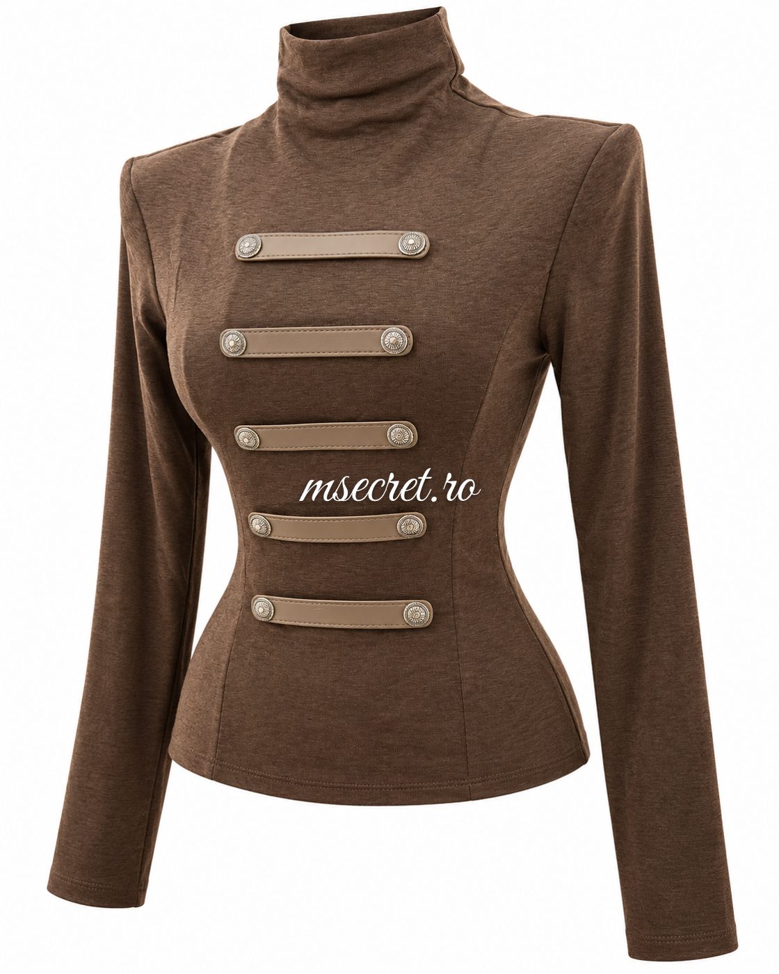 Bluza maro din bumbac elastic cu guler inalt si barete - vedere din lateral