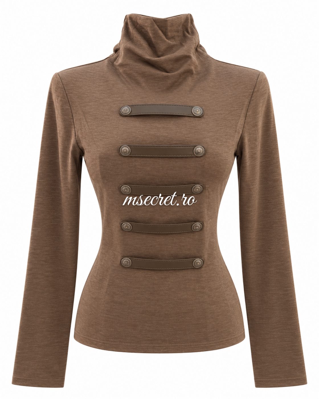 Bluza maro deschis din bumbac elastic cu guler inalt si barete - vedere din fata
