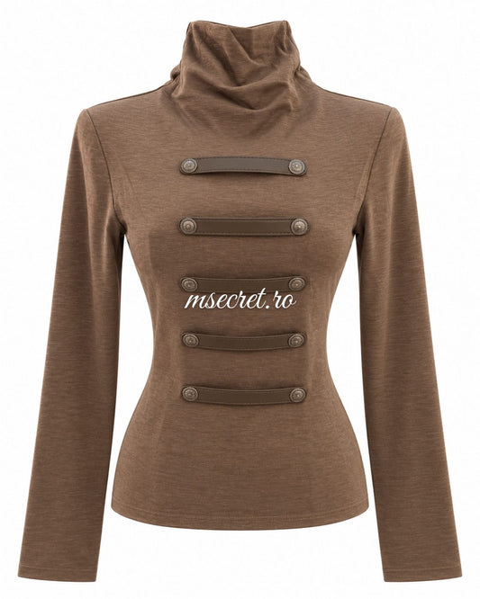 Bluza maro deschis din bumbac elastic cu guler inalt si barete - vedere din fata
