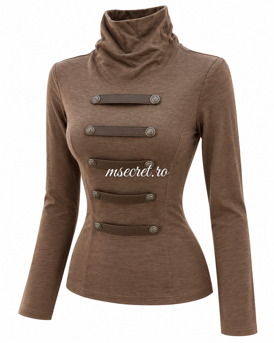 Bluza maro deschis din bumbac elastic cu guler inalt si barete - vedere din lateral