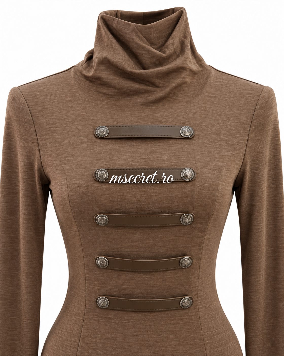 Bluza maro deschis din bumbac elastic cu guler inalt si barete - detaliu