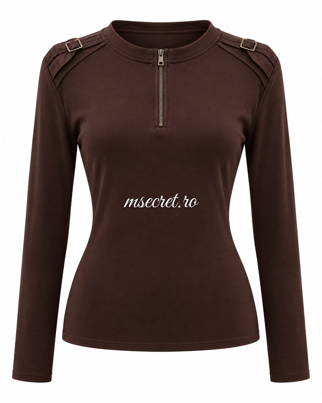 Bluza maro inchis din bumbac elastic cu fermoar si epoleti - vedere din fata