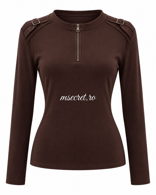 Bluza maro inchis din bumbac elastic cu fermoar si epoleti - vedere din fata