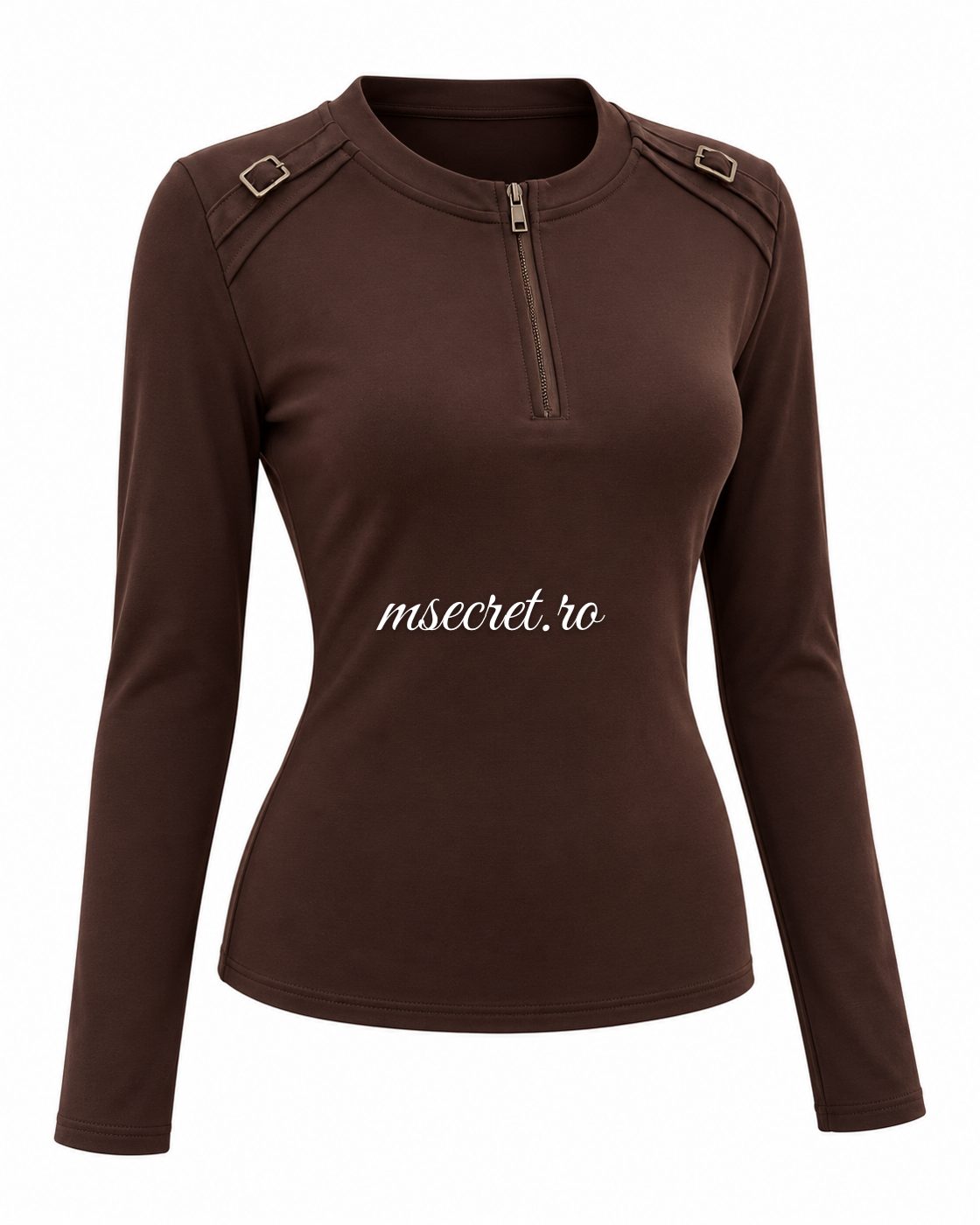 Bluza maro inchis din bumbac elastic cu fermoar si epoleti - vedere din lateral