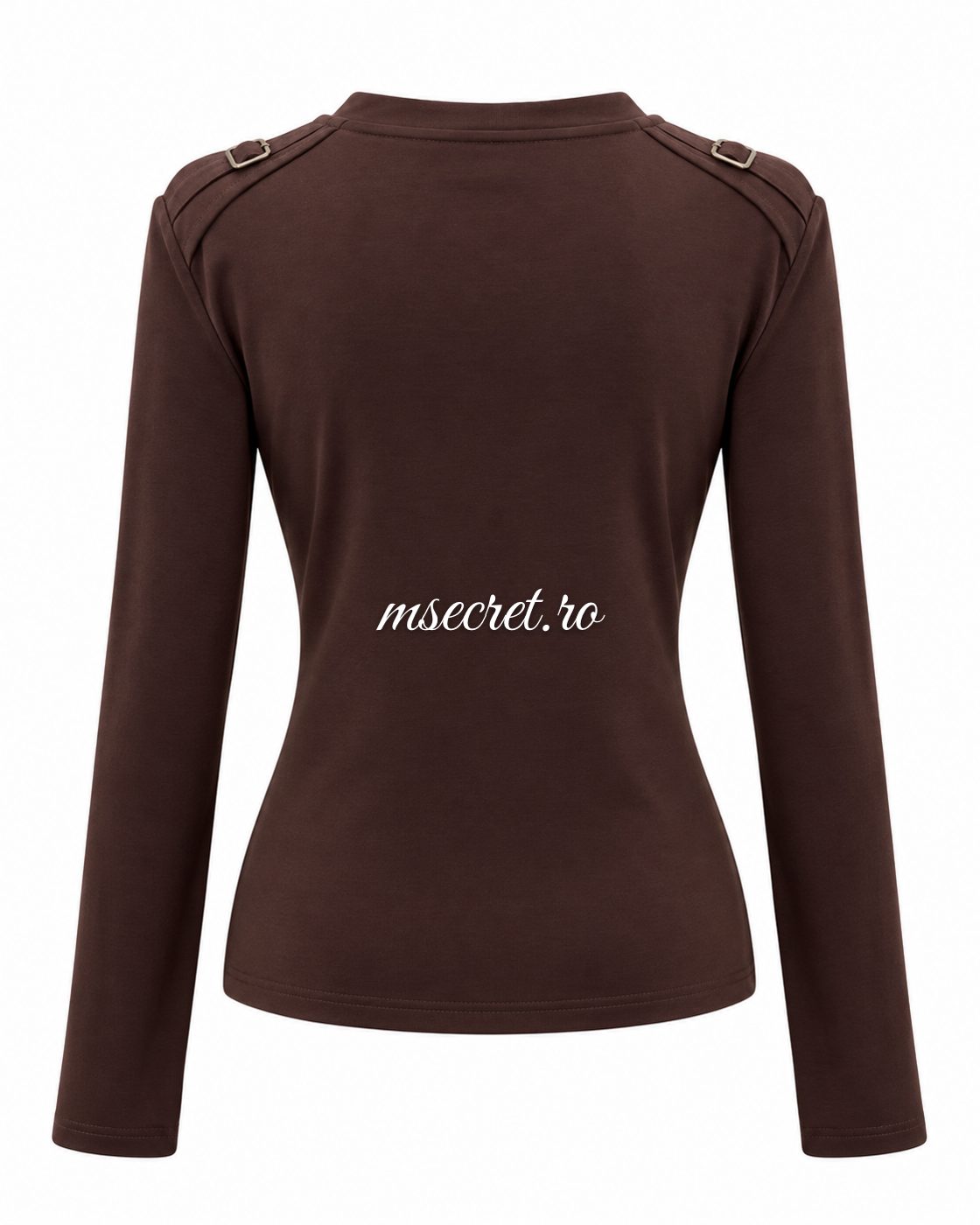 Bluza maro inchis din bumbac elastic cu fermoar si epoleti - vedere din spate