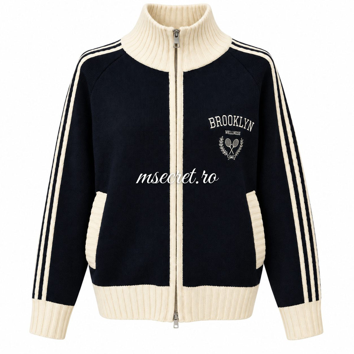 Bluza din mohair cu fermoar, bleumarin cu dungi