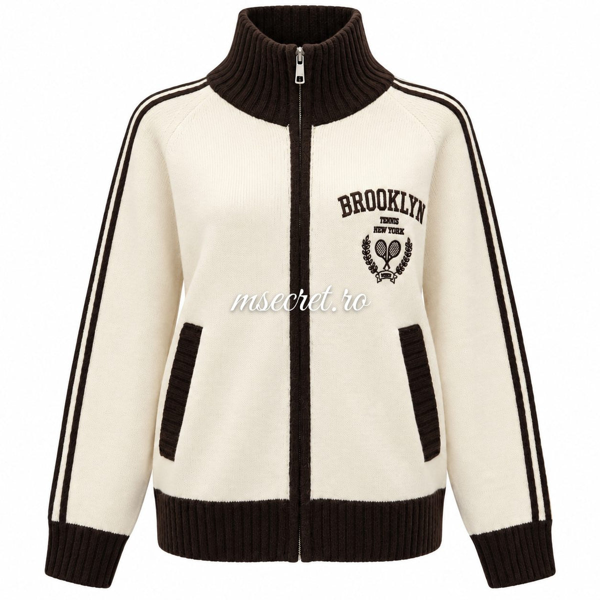 Bluza din mohair cu fermoar, crem cu dungi