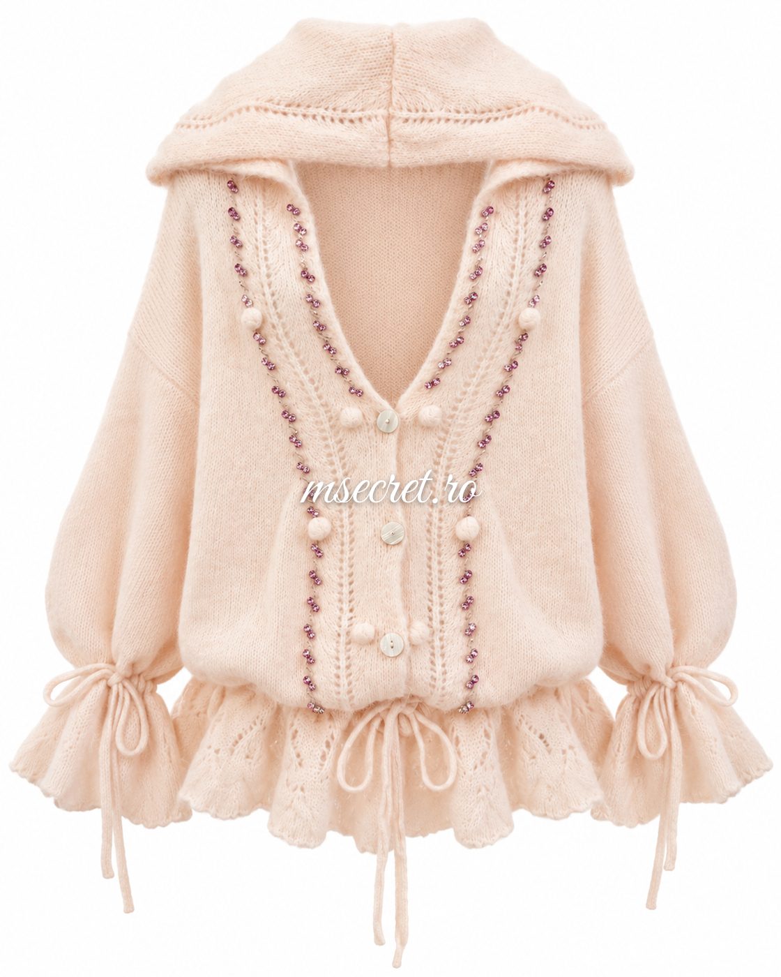 Cardigan din mohair roz pal cu gluga si pietre - vedere din fata