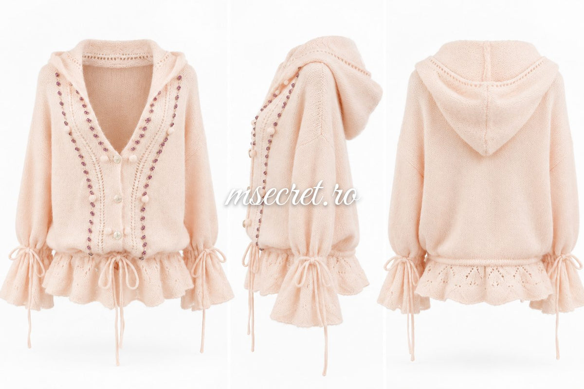 Cardigan din mohair roz pal cu gluga si pietre - colaj