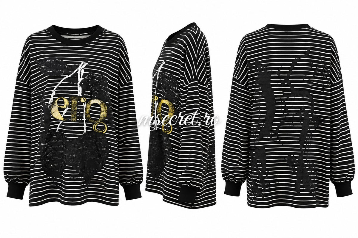 Bluza neagra din bumbac in dungi cu imprimeu - colaj
