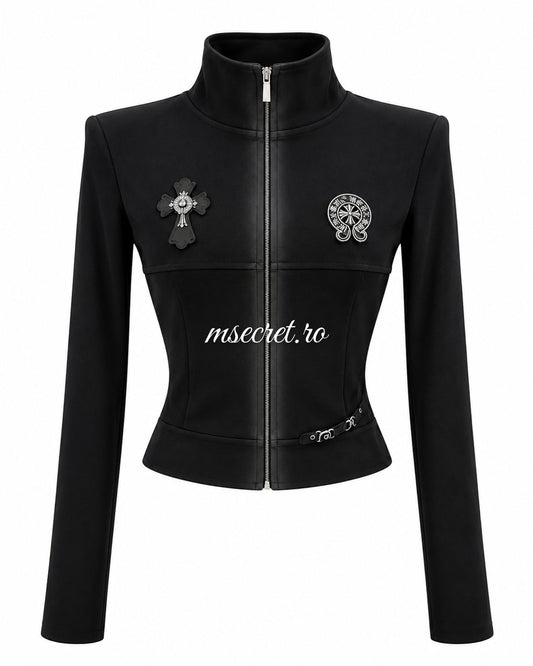Bluza neagra din bumbac elastic cu fermoar si cruce - vedere din fata