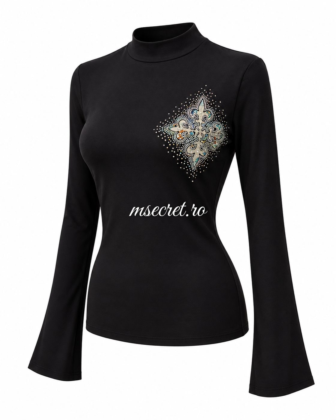 Bluza neagra din bumbac elastic cu model din pietre - vedere din lateral