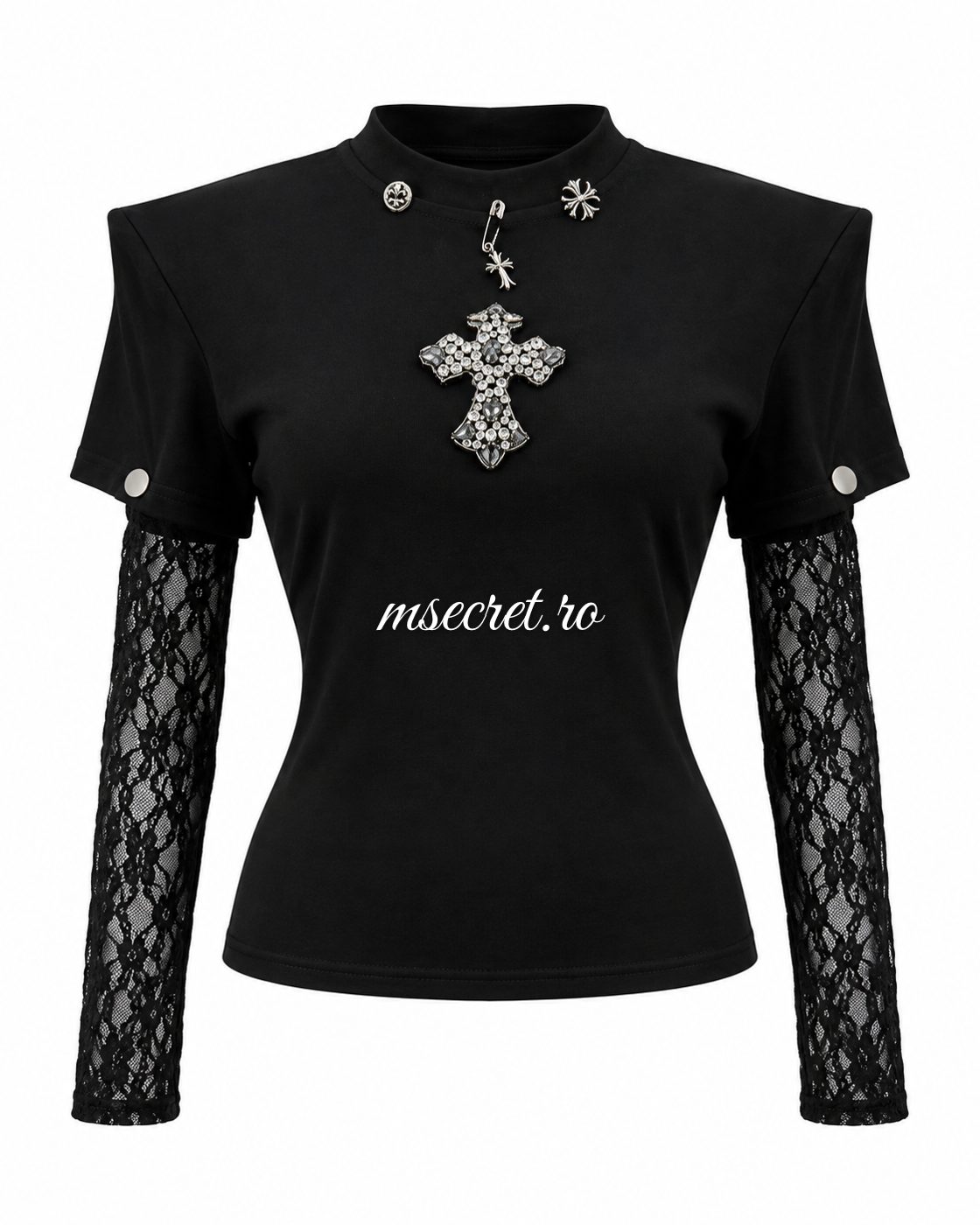 Bluza neagra cu cruce din pietre si maneci detasabile din dantela - vedere din fata