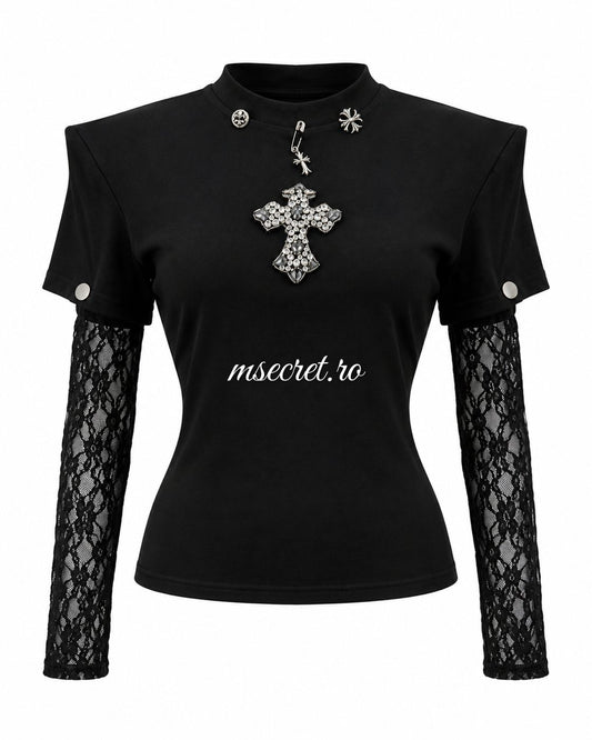 Bluza neagra cu cruce din pietre si maneci detasabile din dantela - vedere din fata