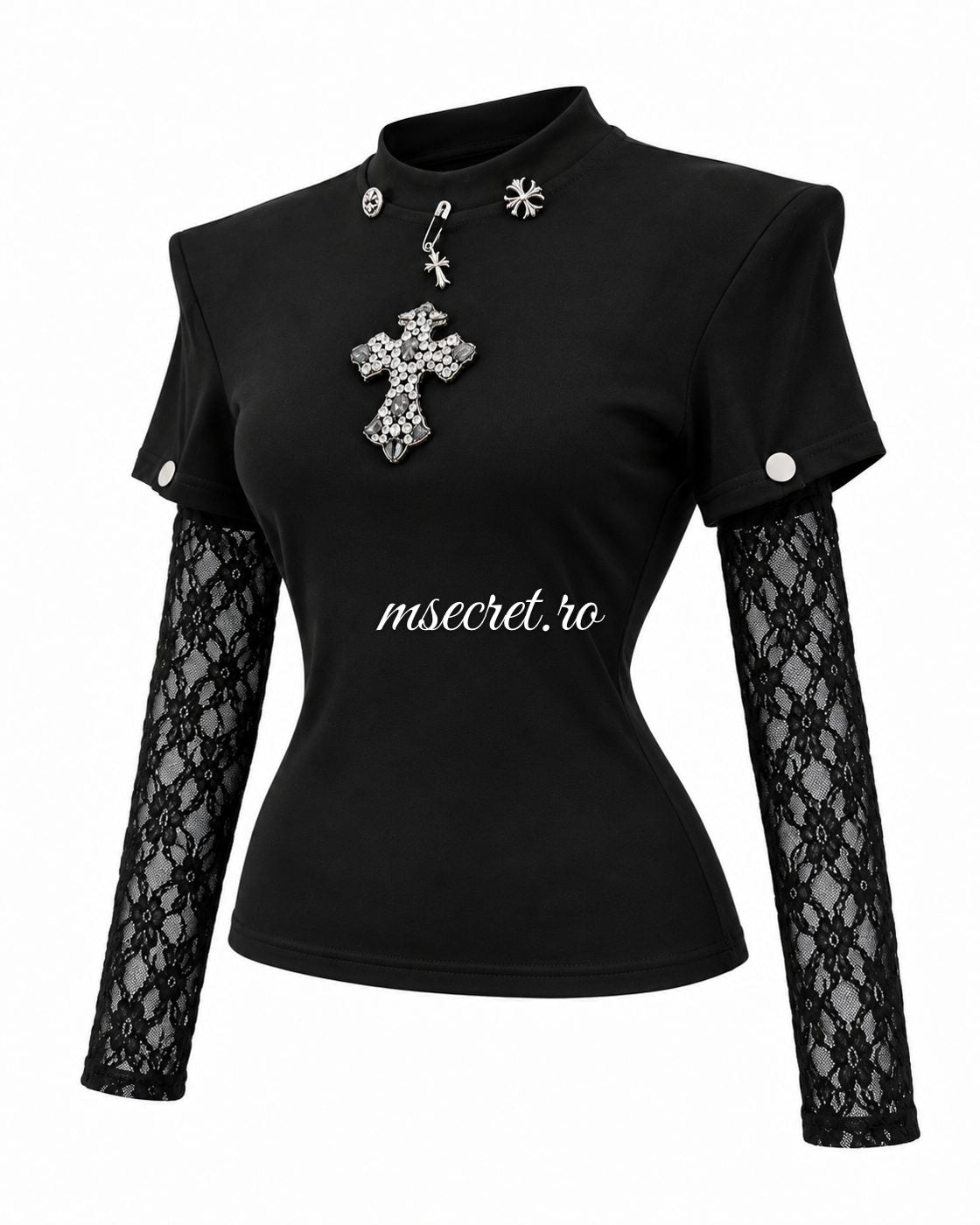 Bluza neagra cu cruce din pietre si maneci detasabile din dantela - vedere din lateral